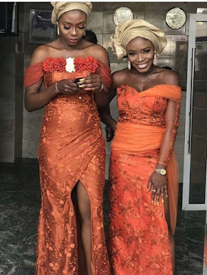 Orange colour Aso Ebi Lace Styles Orange/Burnt Orange Colour Aso Ebi Lace Styles