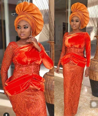 Orange colour Aso Ebi Lace Styles Orange/Burnt Orange Colour Aso Ebi Lace Styles