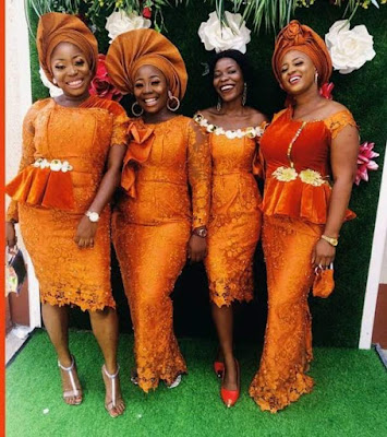 Orange colour Aso Ebi Lace Styles Orange/Burnt Orange Colour Aso Ebi Lace Styles