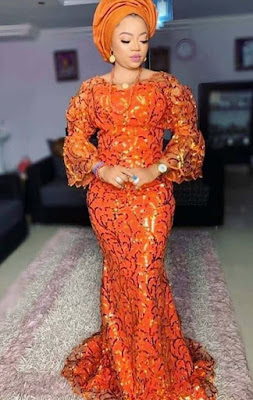 Orange colour Aso Ebi Lace Styles Orange/Burnt Orange Colour Aso Ebi Lace Styles