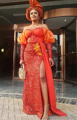 Orange colour Aso Ebi Lace Styles Orange/Burnt Orange Colour Aso Ebi Lace Styles