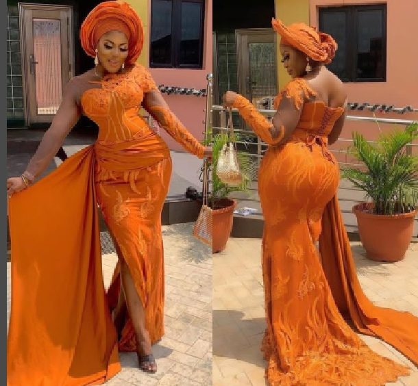 Orange colour Aso Ebi Lace Styles Orange/Burnt Orange Colour Aso Ebi Lace Styles
