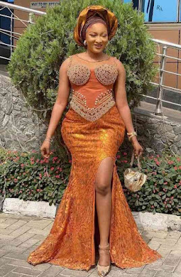 Orange Colour Aso Ebi Lace Styles Orange/Burnt Orange Colour Aso Ebi Lace Styles